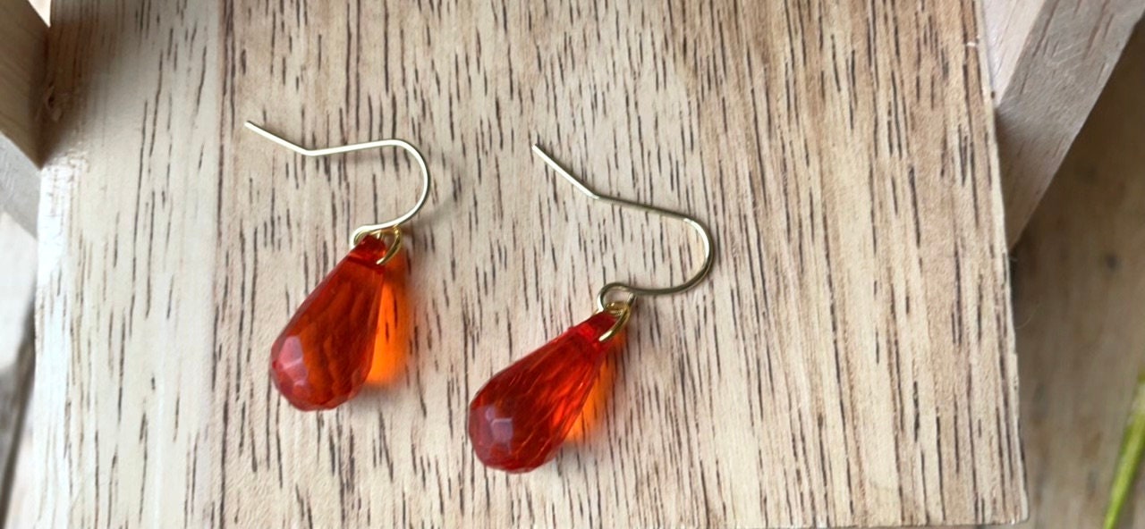 Simple upcycled orangish red faux crystal teardrop dangle earrings