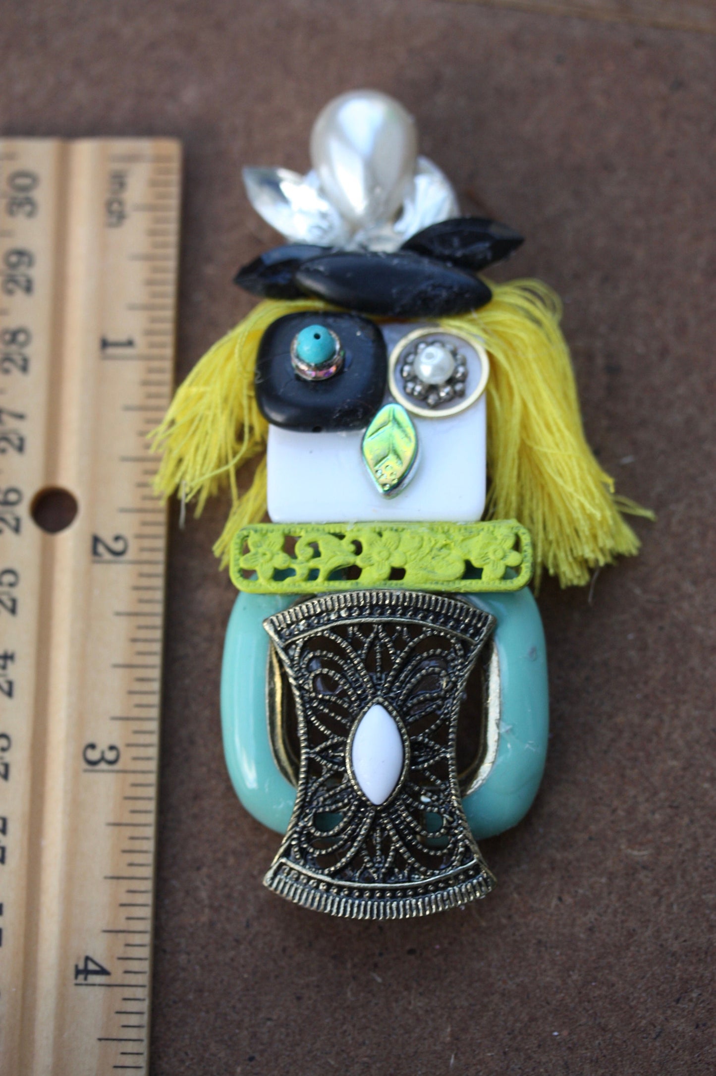 Meet "Abstract Bird Woman" - Assemblage art / mixed media collage - magnet or pin