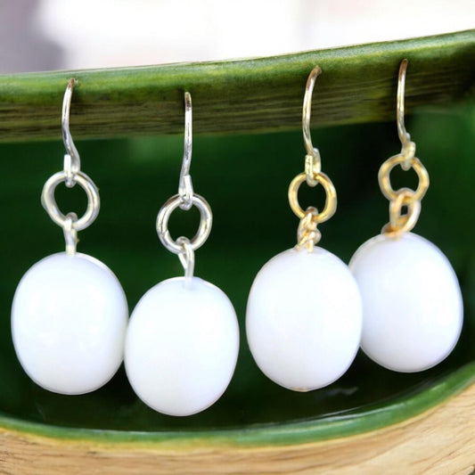 Simple upcycled vintage white oval dangle earrings