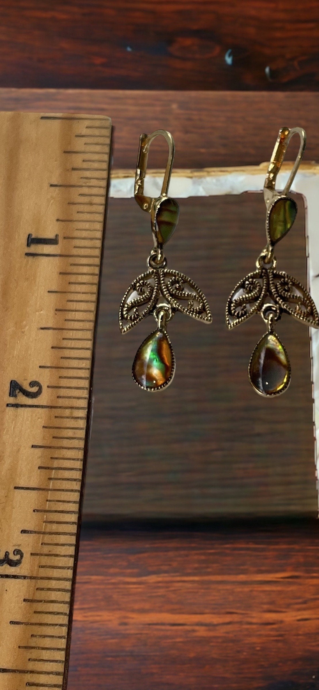 Stunning vintage faux abalone shell clip on dangle earrings