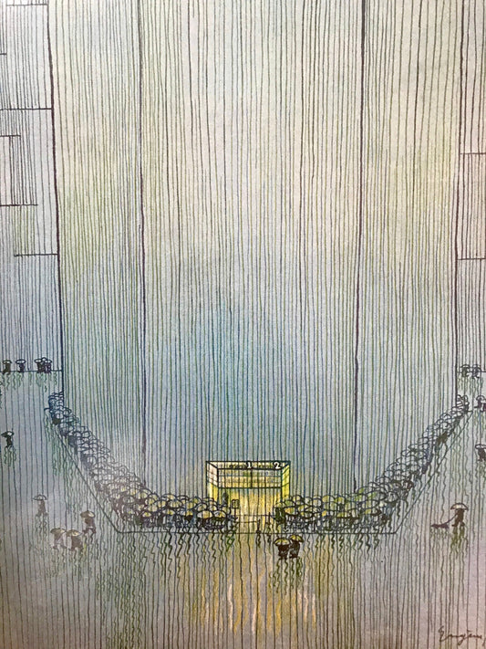 The NEW YORKER magazine cover only - June 6, 1977 - People waiting in the rain outside a movie theater