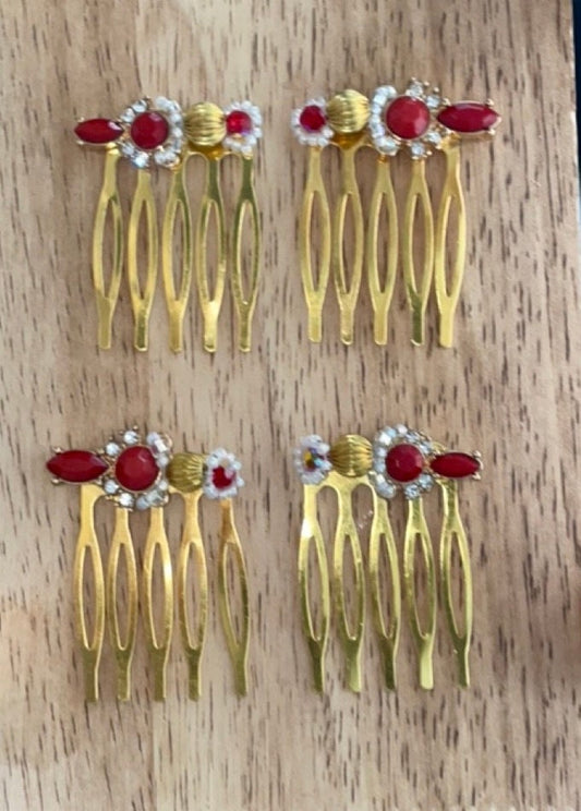 Pair of handmade beadwork and rhinestone mini metal hair combs