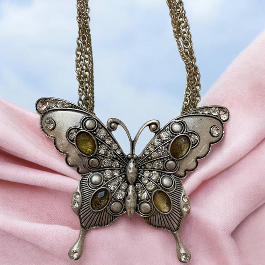 Unique vintage butterfly necklace - studded with rhinestones