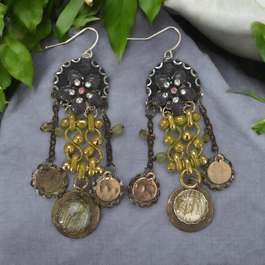 Handmade collage earrings -mixed metals with denim, rhinestones and postage stamp remnant dangles under faux glass domes- Sterling ear wires