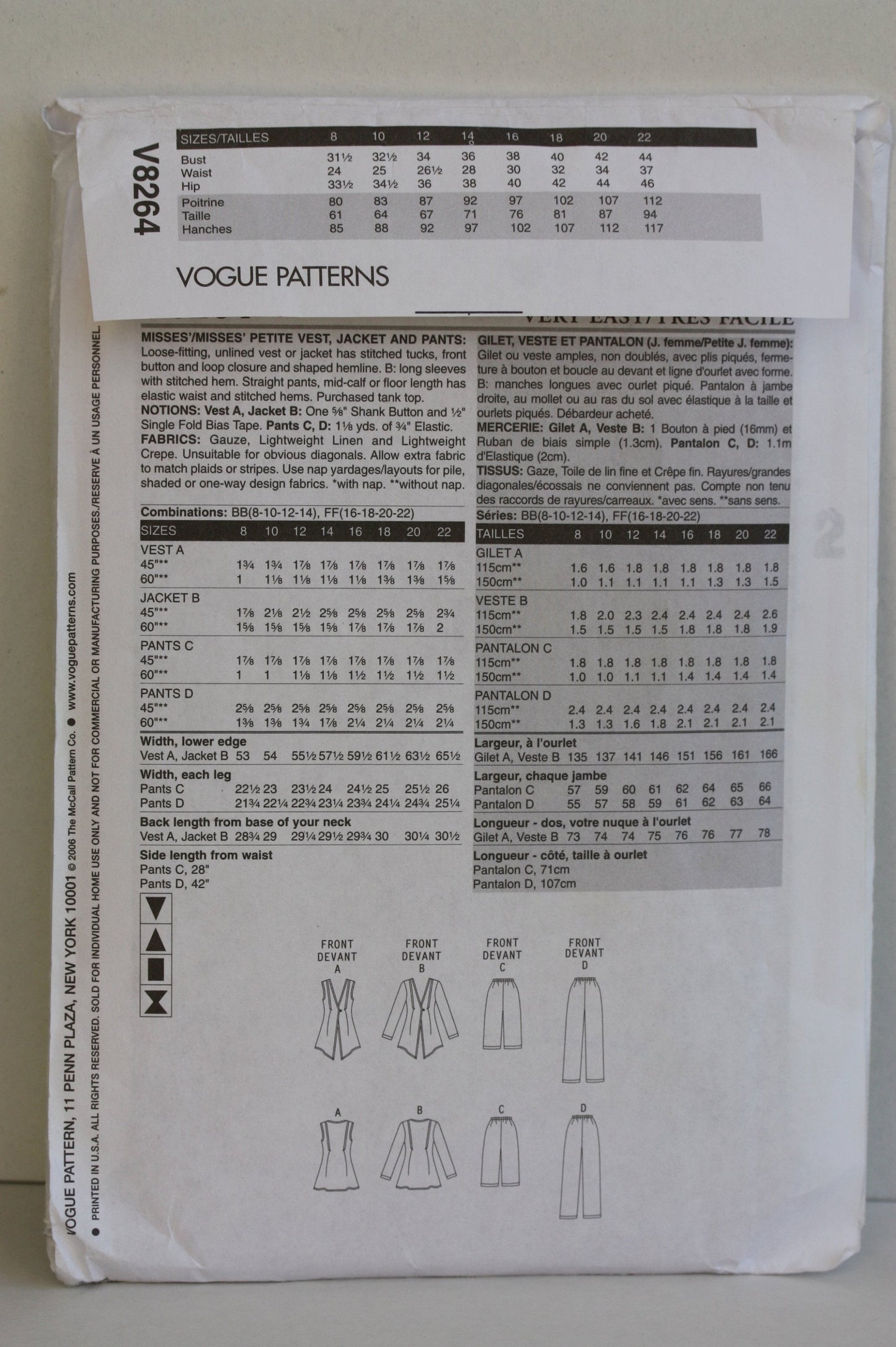 UNCUT Sewing Pattern - Very Easy Vogue V8264 Pattern for Vest, jacket and pants, Size FF - 16, 18, 20, 22
