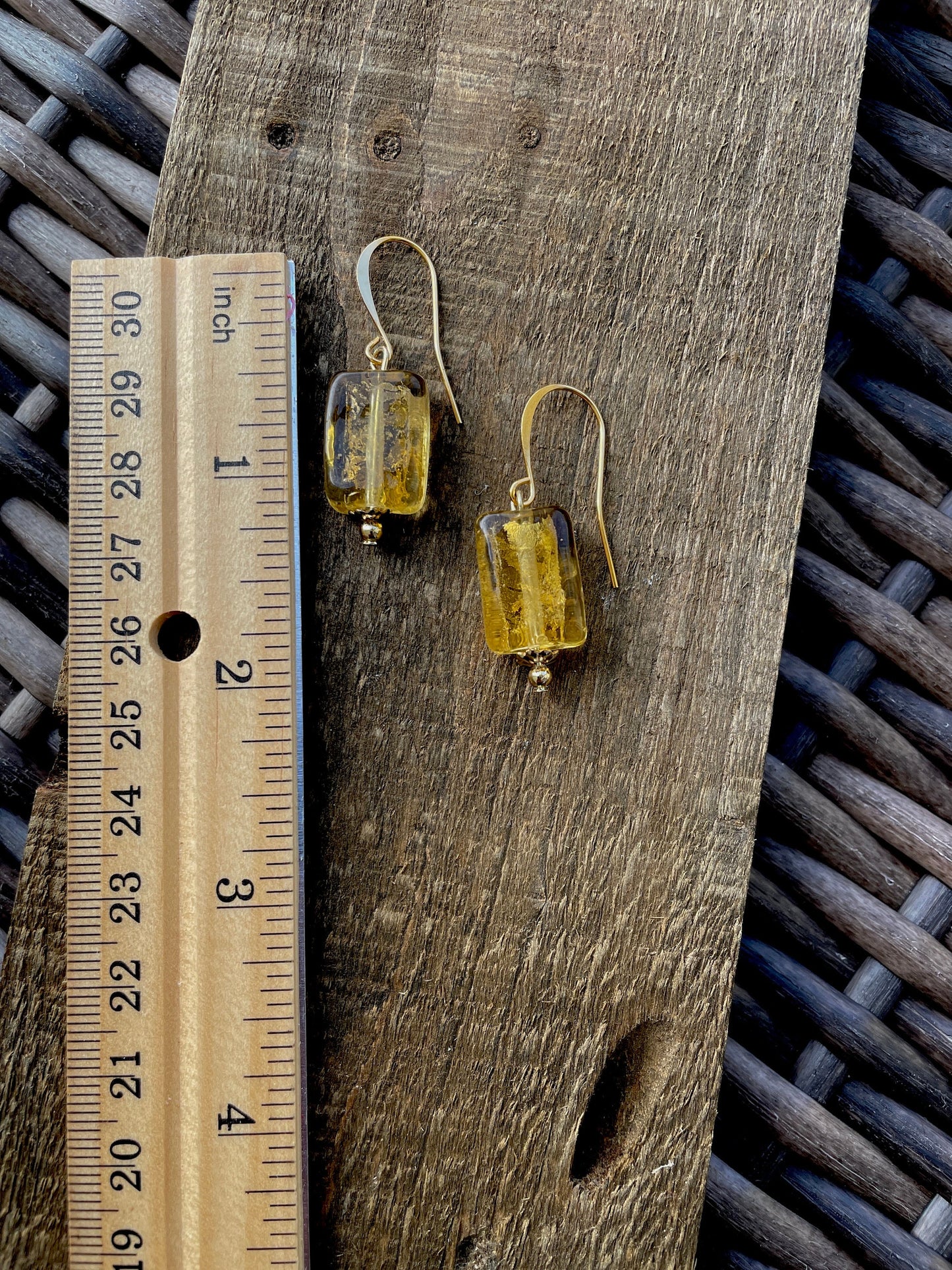 Rectangular yellow golden glass dangle earrings - with sloped ear wires