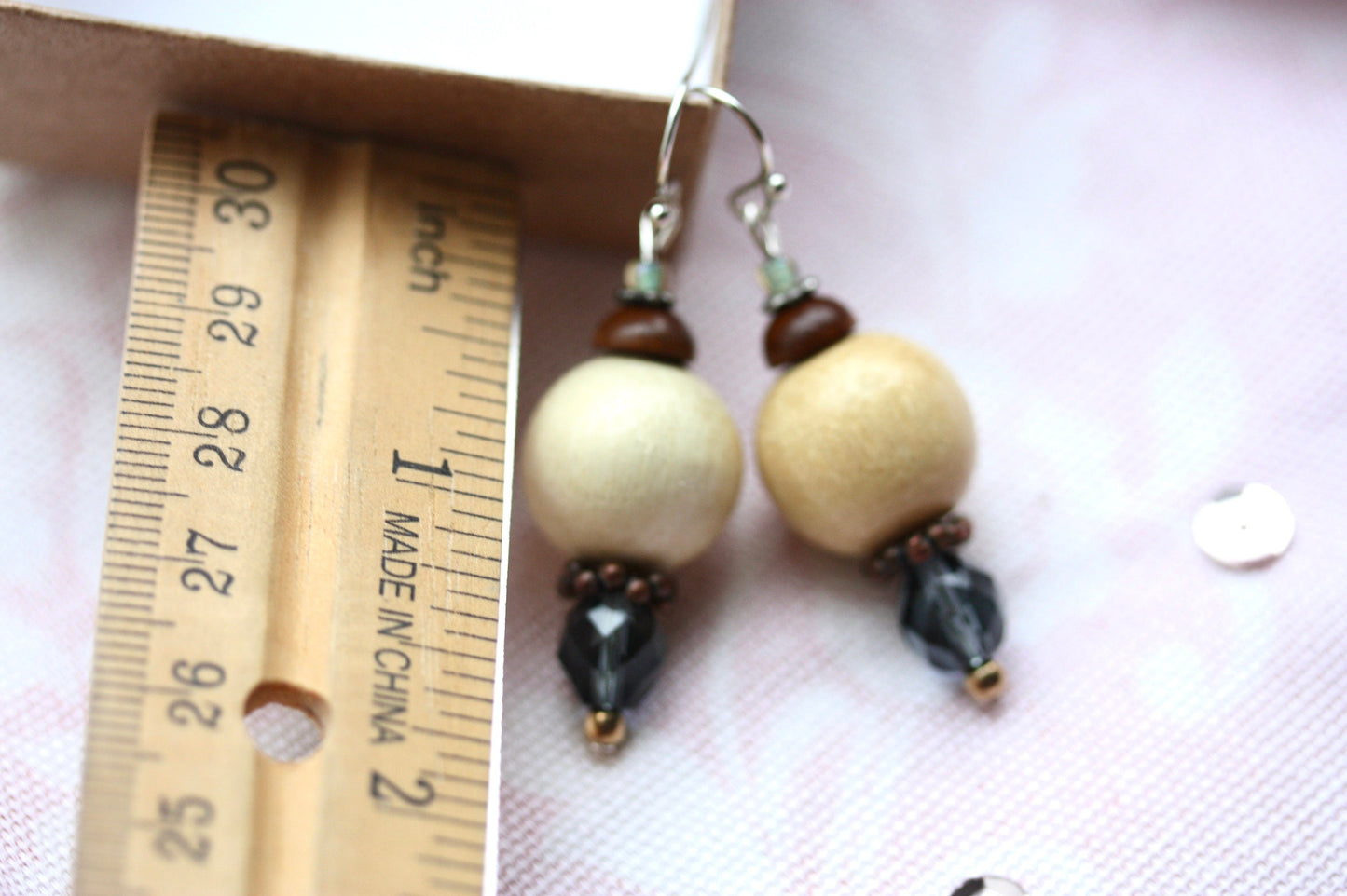 Blue glass crystal and wood beads handmade dangle earrings with vintage, upcycled and new elements