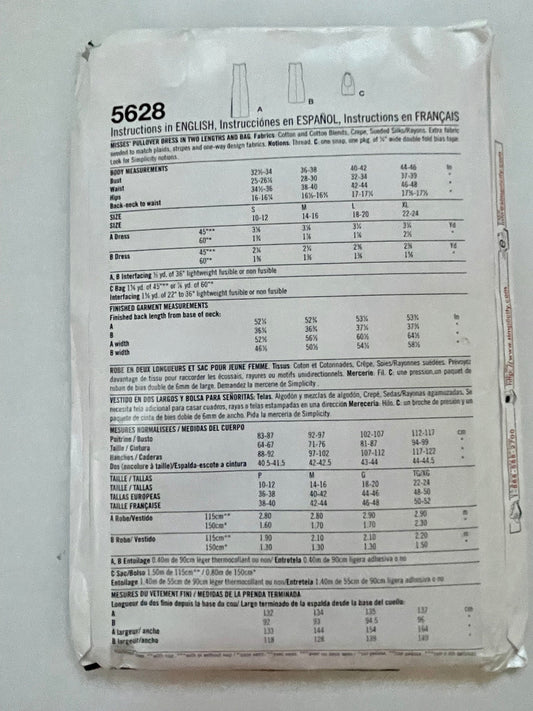 UNCUT Sewing Pattern - Simplicity Pattern 5628 Misses Pullover Dress in Two Lengths, and Bag - Size Small, Medium, Large, XLarge