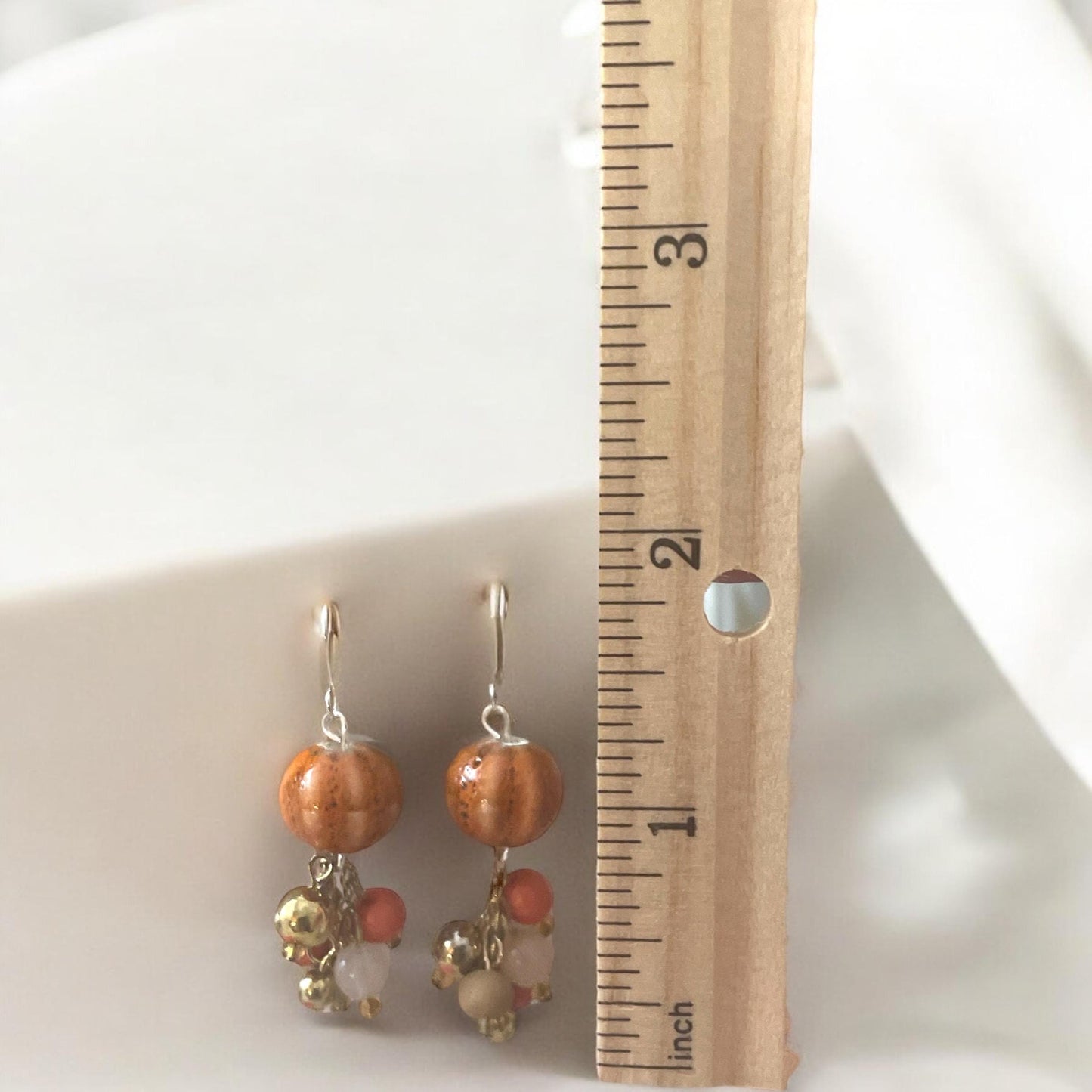 Orange speckled porcelain with mixed color bauble beads handmade dangle earrings