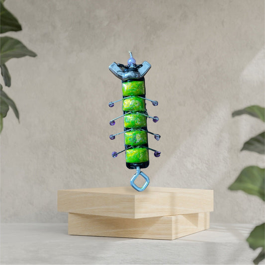Caterpillar style insect pin - made of staples, hardware (nuts/screws), glass and upcycled elements - Assemblage art / mixed media collage