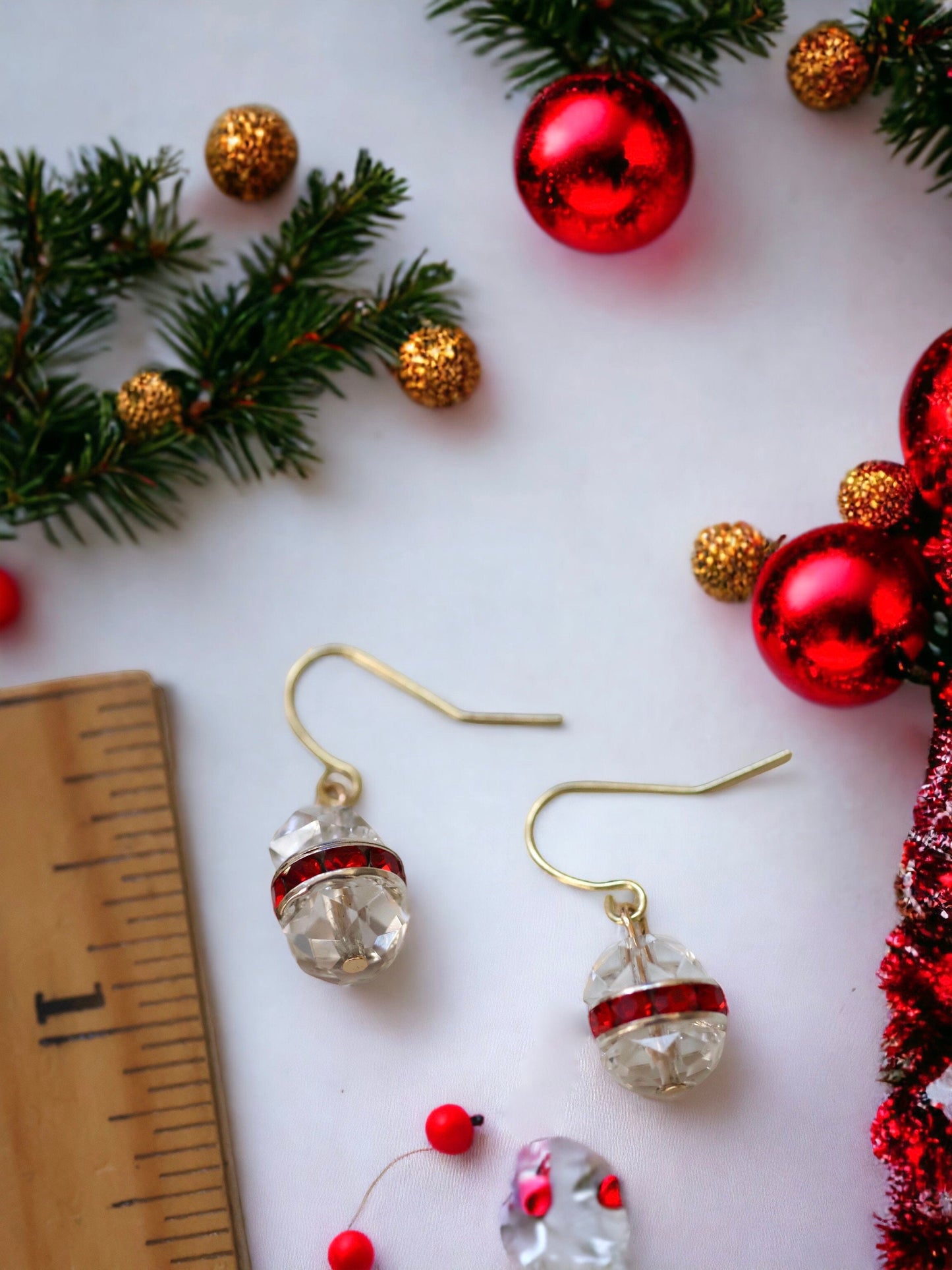 Handmade crystal Christmas ball earrings - made with uniquely domed vintage glass crystal and red rhinestone rondelles