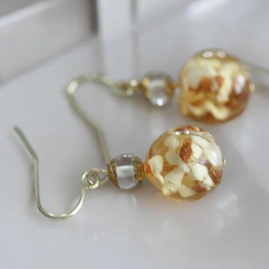 Stunning yellow and gold blown glass earrings with goldstone filigree - 1 and 1/4"