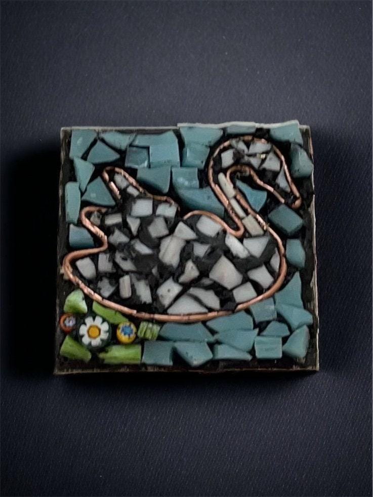 Handmade Mosaic Necklace - Swan in Water with Millefiori Glass