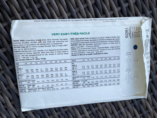 UNCUT Vintage Sewing Pattern from the 1990's - Very Easy Vogue 7805 - Button Front Dress with back overlay - Size 20, 22, 24