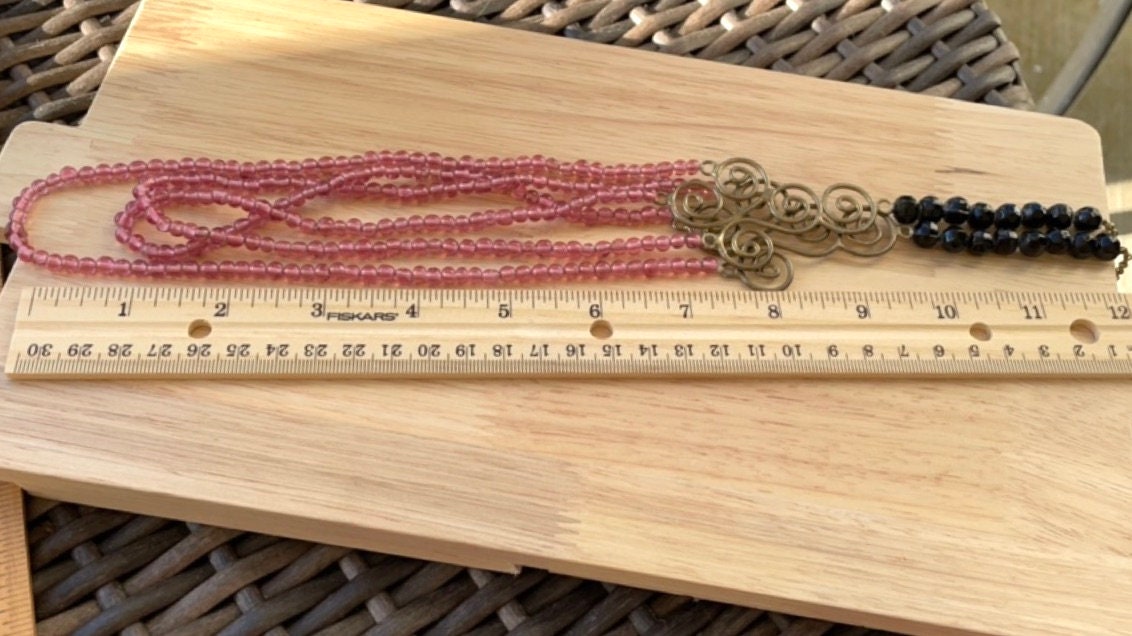 Triple-stranded glass vintage necklace with metal scrollwork and black beads - available in pink, hot pink and light blue