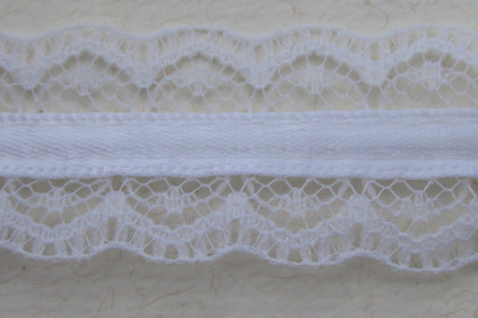 Victorian-style vintage narrow white lace with white ribbon in the center - by the yard