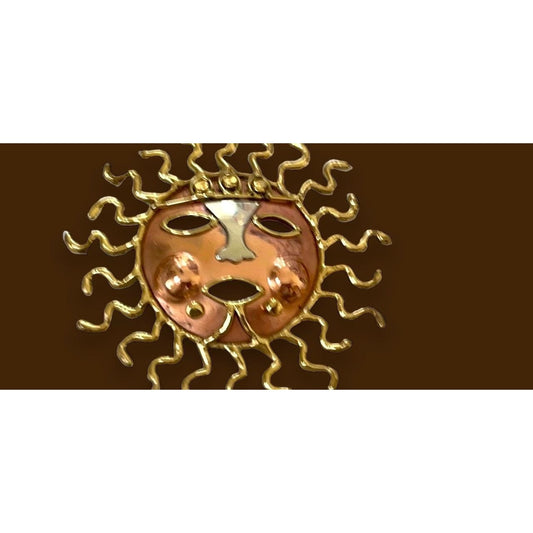 Dramatic Multi-metal Vintage Aztec Sun Mask Brooch Pin