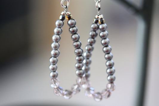 Hand beaded color blocked silver colored dangle hoop earrings - vintage and new materials