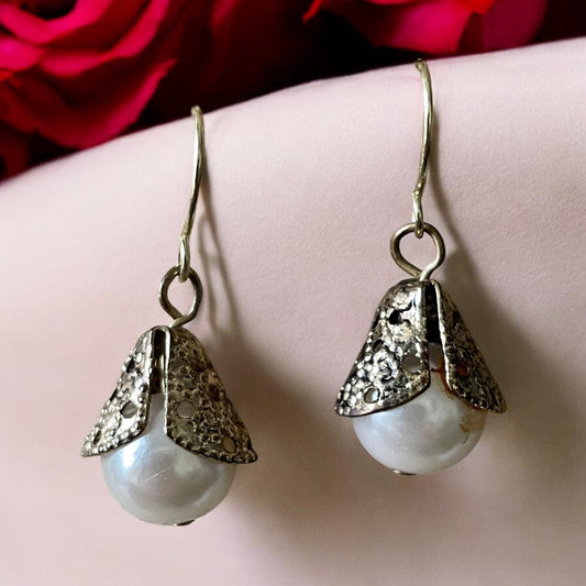 Gold filigree wrapped faux pearl dangle earrings
