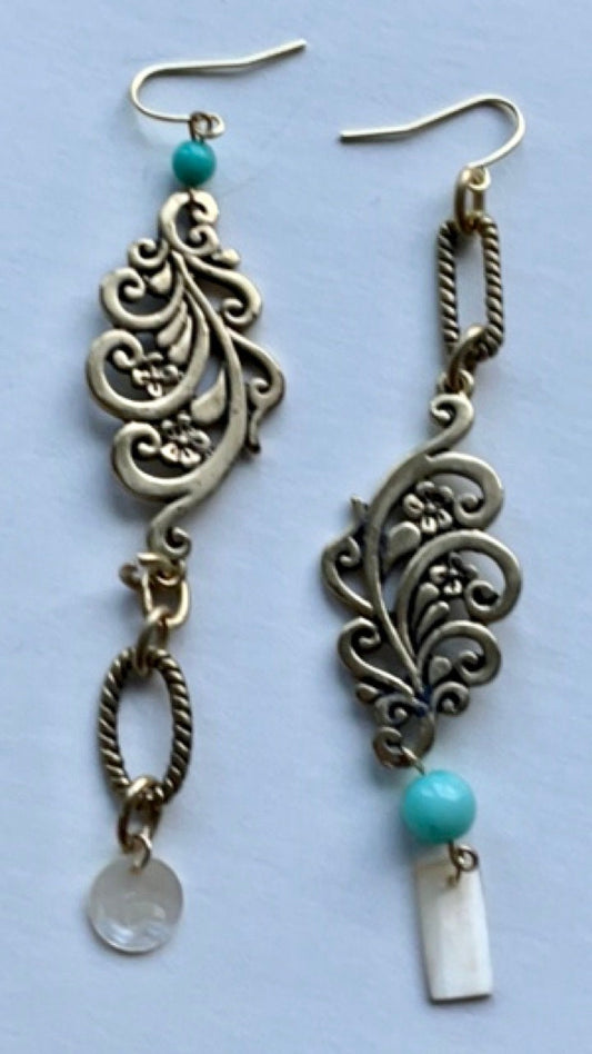 One-of-a-kind handmade mismatched mixed material long dangle earrings - turquoise colored vintage and new materials, mother of pearl dangles
