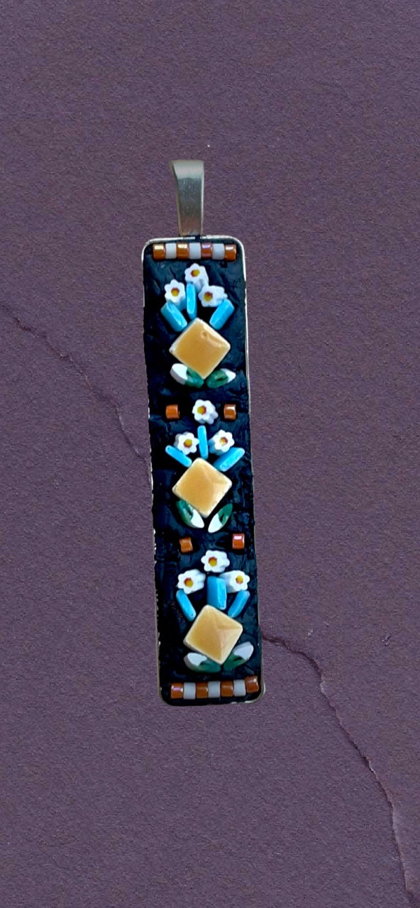 Handmade mixed material mosaic necklace - hand cut Italian glass, millefiori, micro ceramic tiles, glass flowers