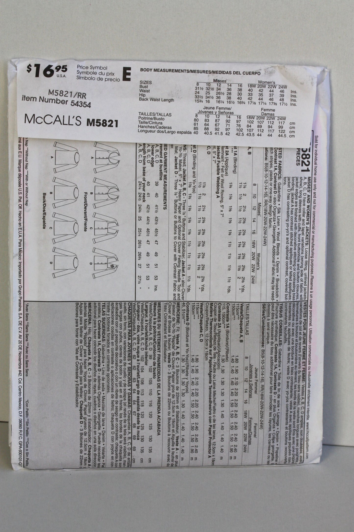 UNCUT Sewing Pattern - McCalls sewing Pattern M5821 - Plus Size Womans Jacket with Collar Variations - Size RR 18W-24W