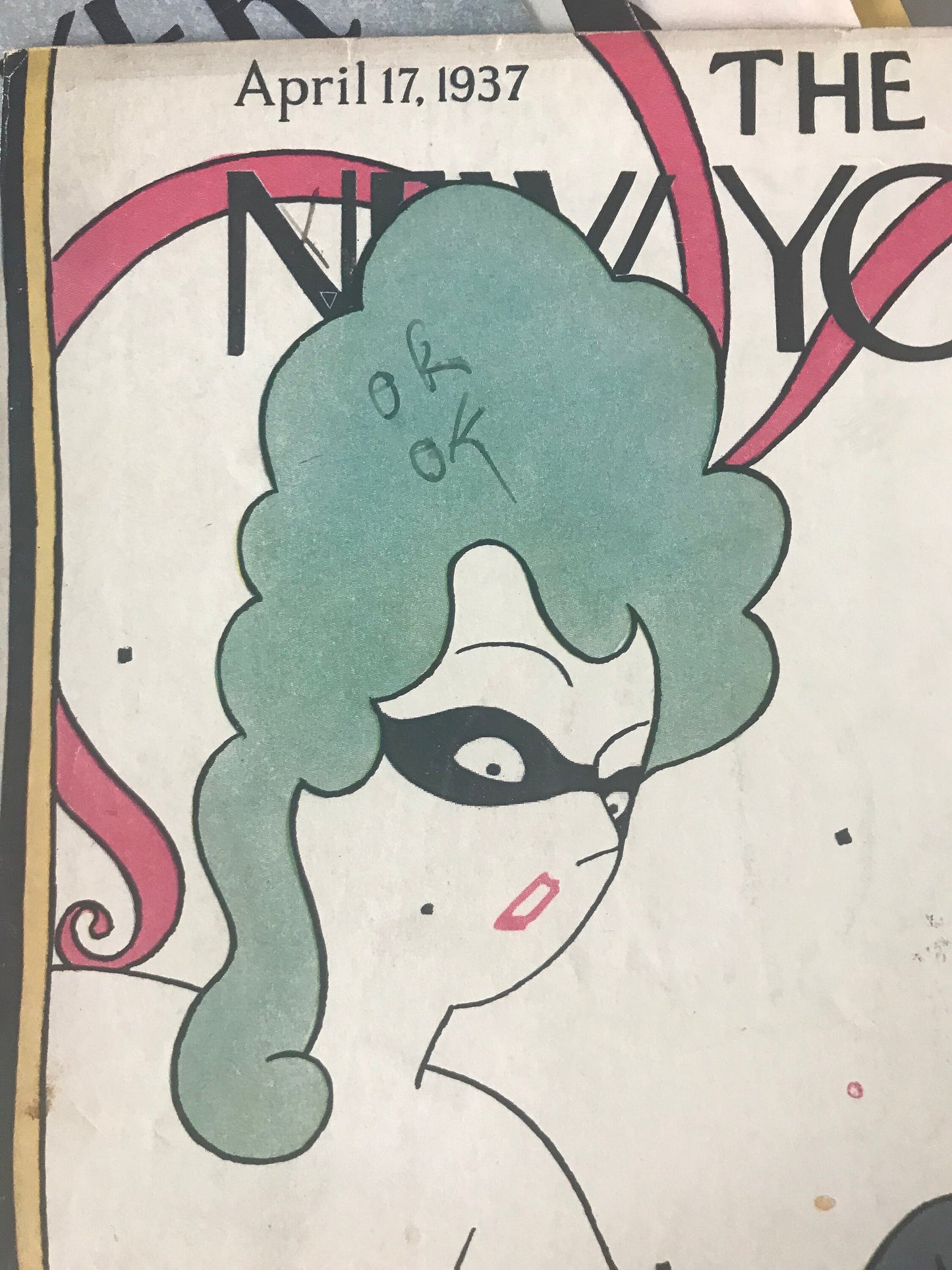 Rare - April 17, 1937 - The NEW YORKER Magazine original cover by Rea Irvin - masquerade party, removing a mask - please read description