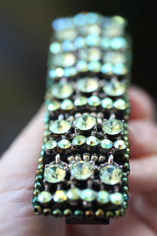 Stunning green AB crystal style rhinestone, metal and glass beadwork hair barrette - hair clip, hair accessories