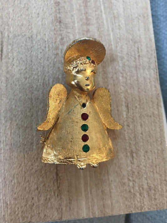 Small little vintage angel pin - goldtone with rhinestones - signed CS