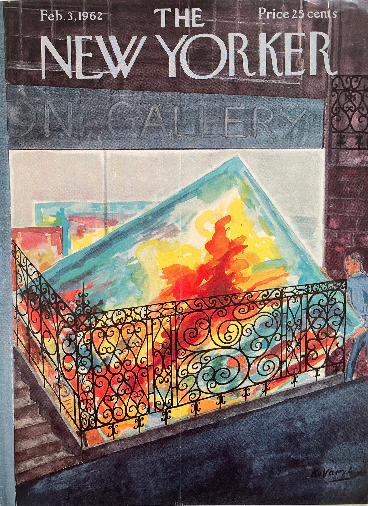 February 3, 1962 -The NEW YORKER Magazine original cover by Anatole Kovarsky -Men carrying a large canvas painting into an art gallery