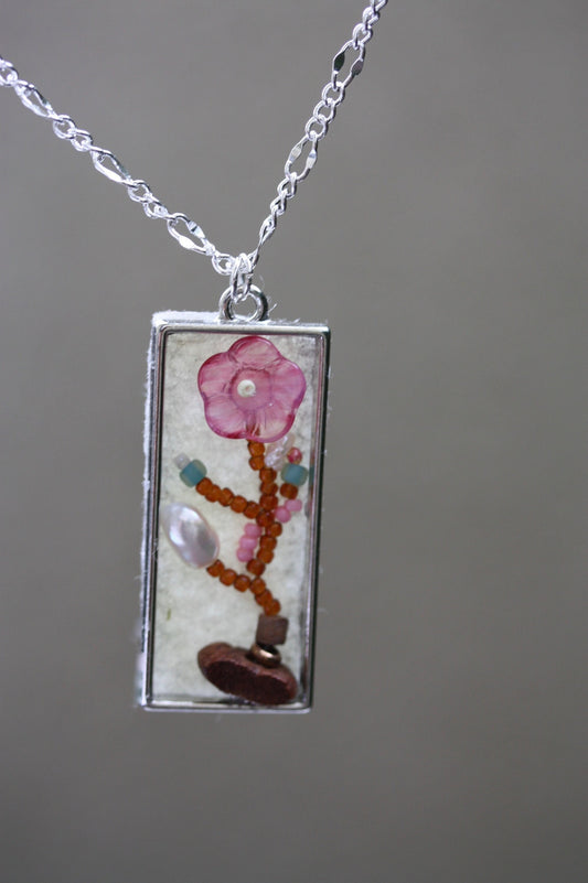 Asian inspired "painting" with beads - mixed material necklace - baroque pearl, glass, wood, metal