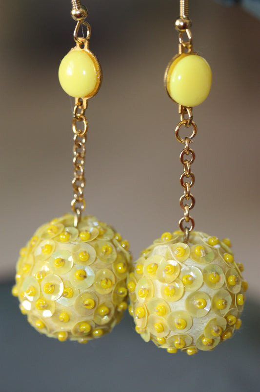 Upcycled yellow sequined ball drop earrings