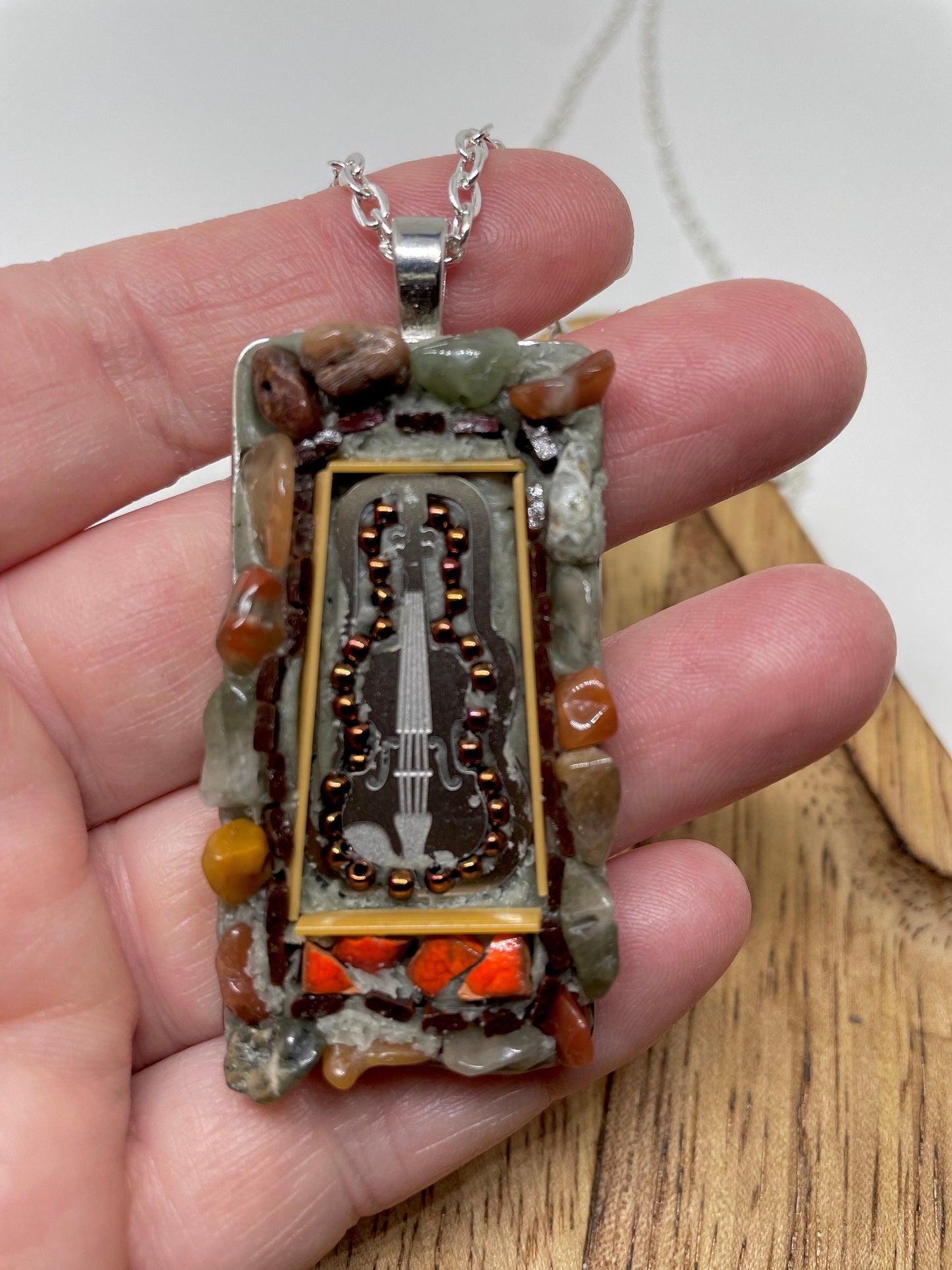 My favorite guitar - one-of-a-kind micro mosaic necklace with mixed material including stone, metal, hand cut tile and strips of glass