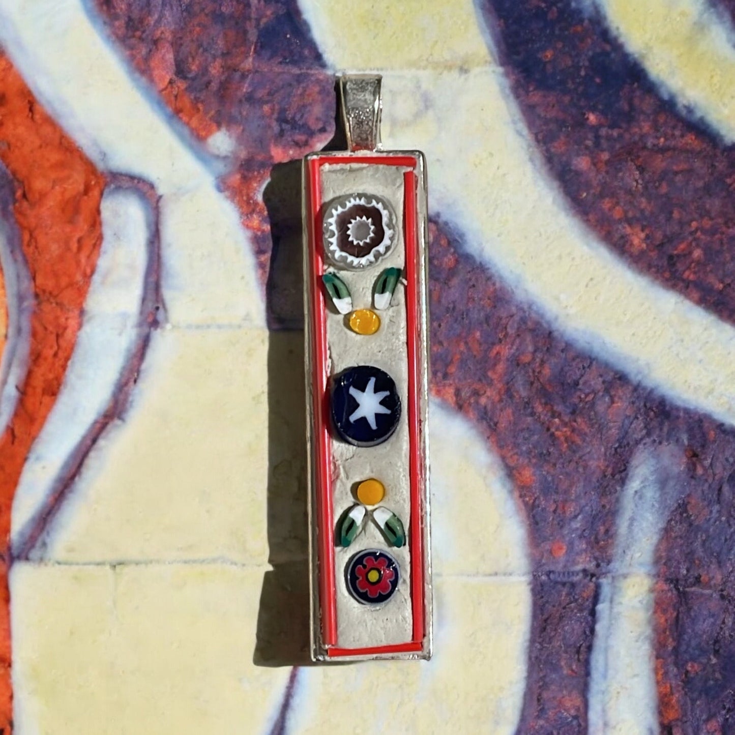 Handmade mixed material mosaic necklace - inlaid hand cut Italian millefiori glass