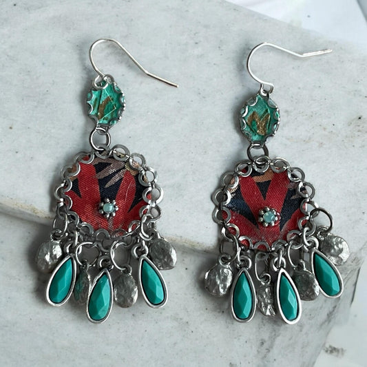 Red & turquoise mixed media earrings made with handmade paper, fabric, turquoise colored vintage dangles. Sterling ear wires.