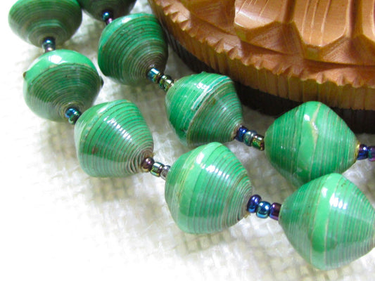 Unique green vintage artisan necklace - beads look like porcelain but are actually made of rolled paper that's been painted & sealed