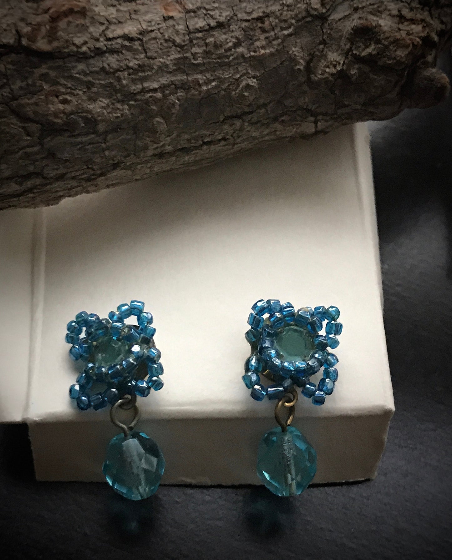 Small little blue beadwork vintage dangle earrings - for pierced ears