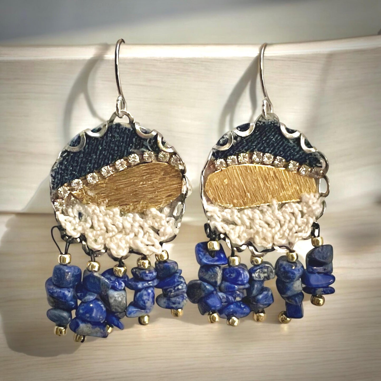 Ocean inspired dangle earrings with Lapis Lazuli, denim, rhinestones, crocheted vintage lace, textured gold findings and sterling ear wires.