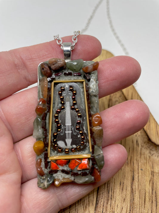 My favorite guitar - one-of-a-kind micro mosaic necklace with mixed material including stone, metal, hand cut tile and strips of glass