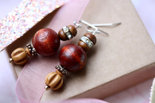 Metal, crystal rhinestone and wood handmade dangle earrings with vintage, upcycled and new elements