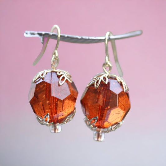 Simple gold faceted crystal dangle earrings with upcycled vintage gold leaf bead caps
