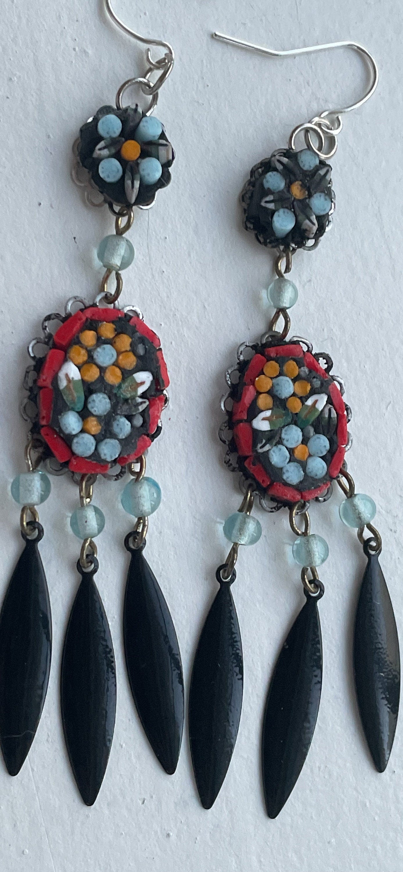 My own handmade Italian style hand cut micro mosaic millefiori glass dangle earrings