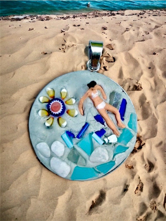 My own handmade micro mosaic glass millefiori necklace or pin - beach themed - one-of-a-kind