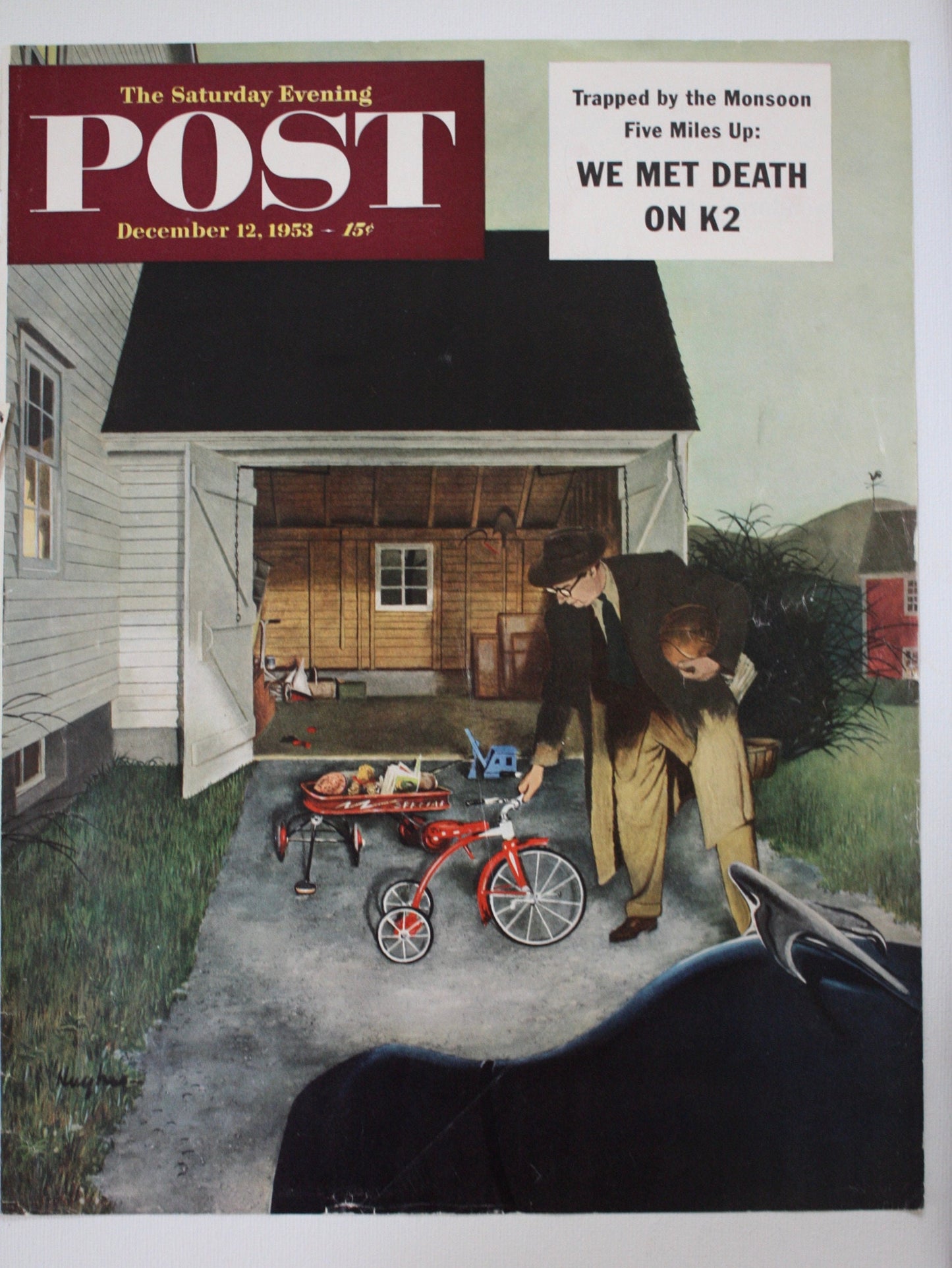 Saturday Evening Post - Original Cover - December 12, 1953 - parenting / tricycle