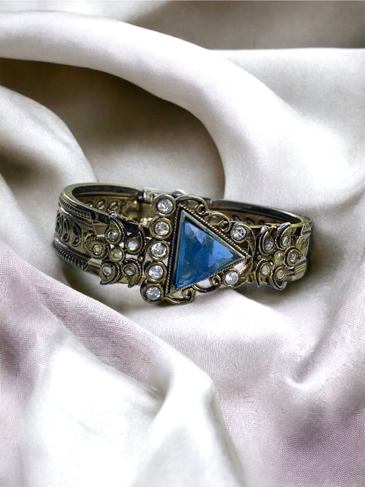 Beautiful blue and clear rhinestone vintage clamper bracelet
