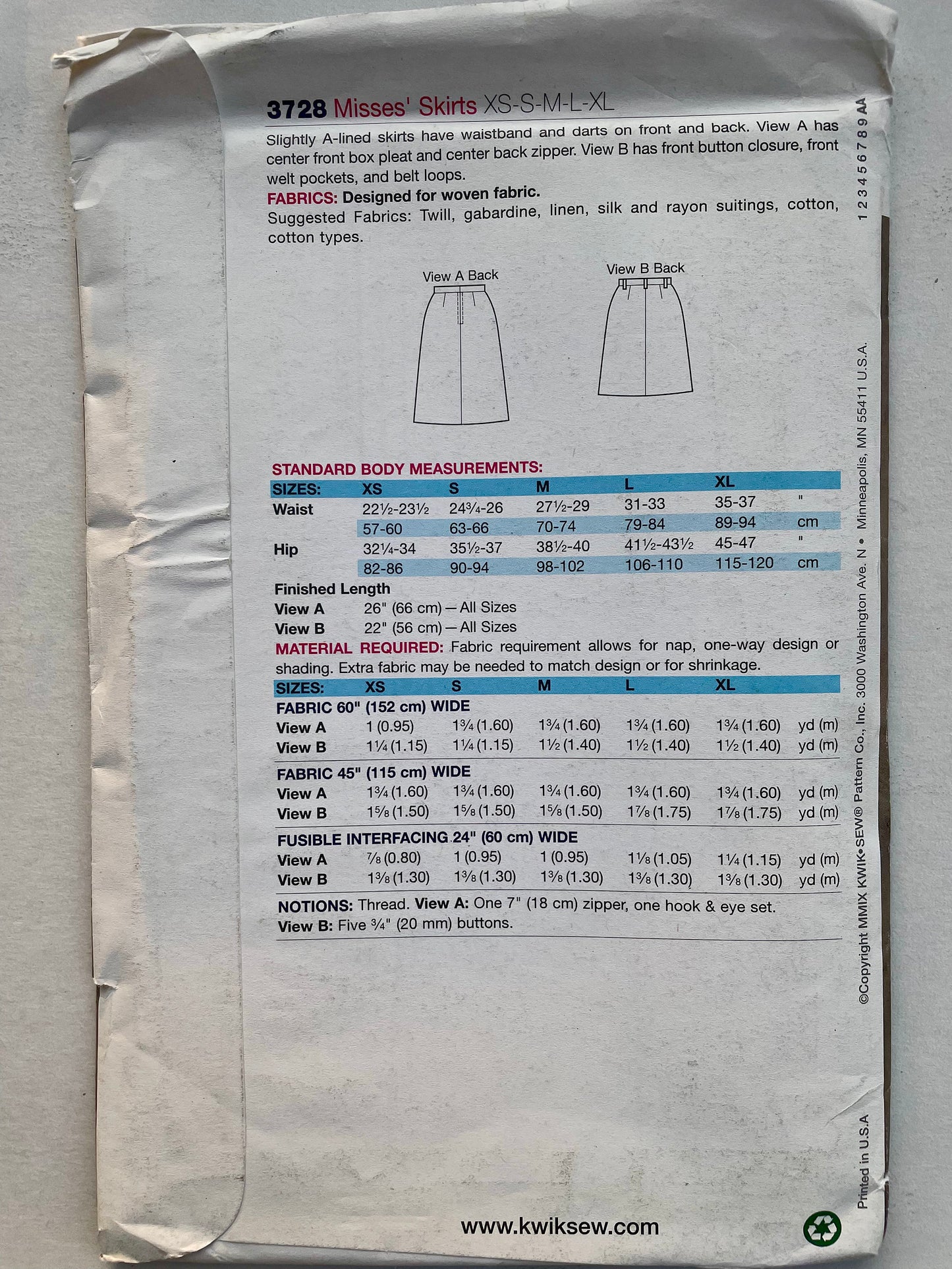 UNCUT Sewing Pattern - Kwik Sew 3728 Adult Skirts - Sizes XS, S, M, L, XL