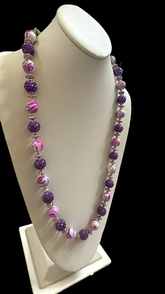 Shades of pinkish purple swirled vintage necklace with purple rhinestone beaded balls