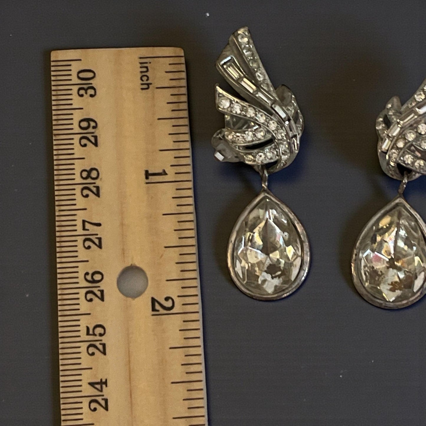 Vintage Rhinestone Teardrop Clip On Earrings | Silver Tone Art Deco Statement Dangle Jewelry
