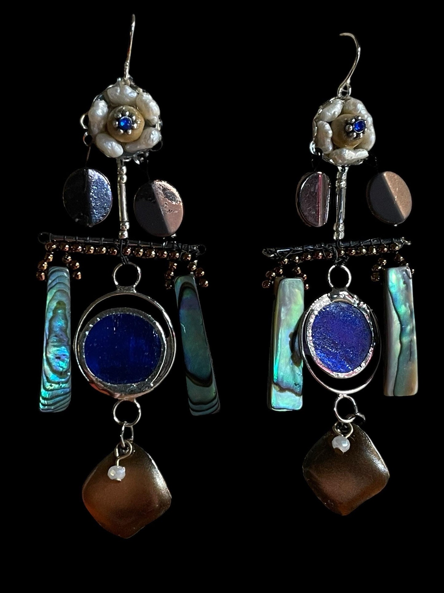 Abalone mixed media collage earrings with mixed metals and findings, pearls, wood, beadwork and abalone shells; Sterling silver ear wires