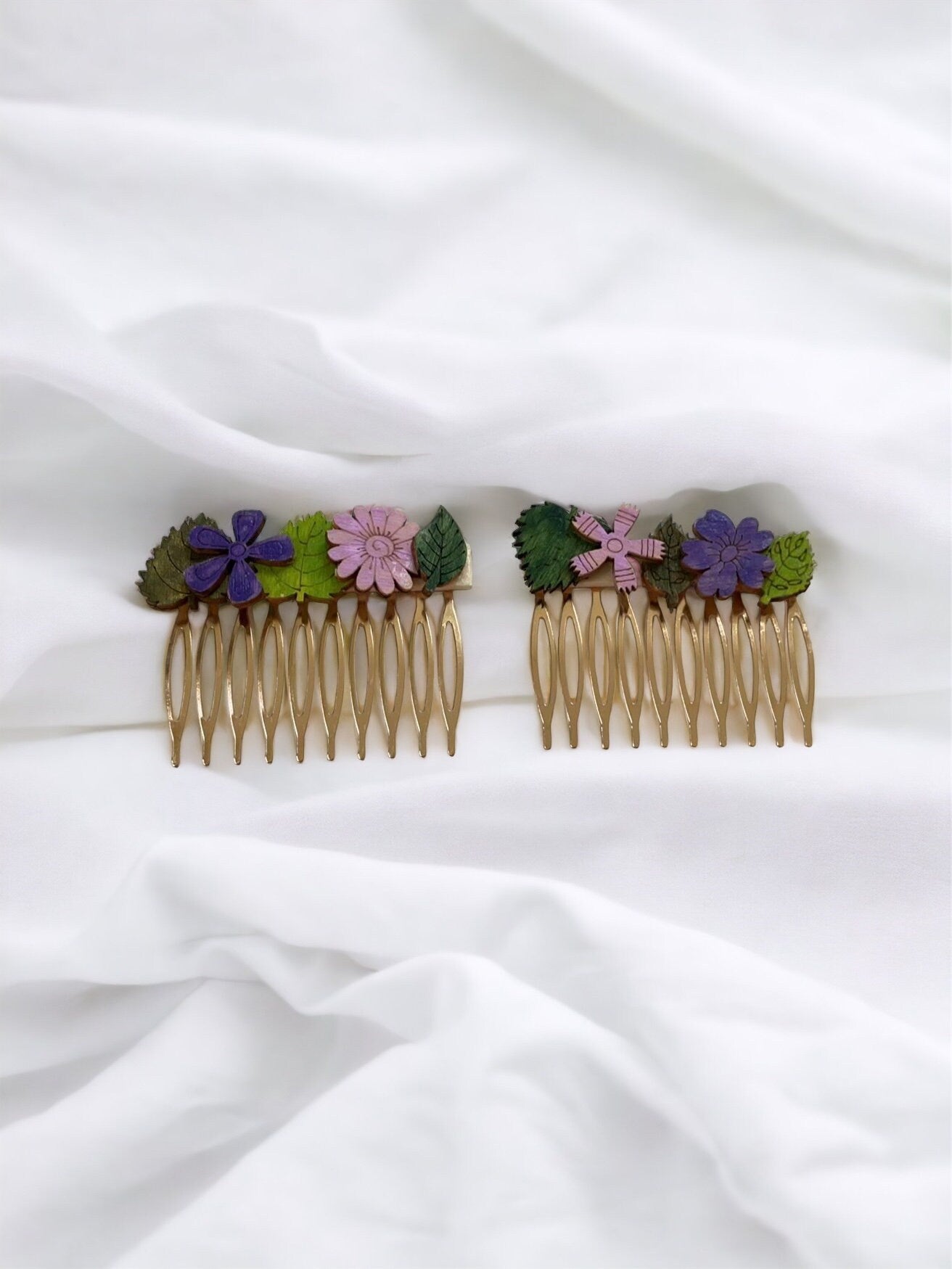 Pair of handpainted wooden flowers on metal hair comb - floral garden
